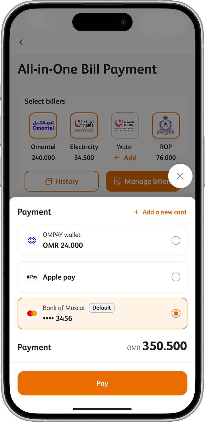 Payment sheet: OMPAY wallet, Apple Pay and a saved Bank of Muscat card, with the combined payment of OMR 350.500.